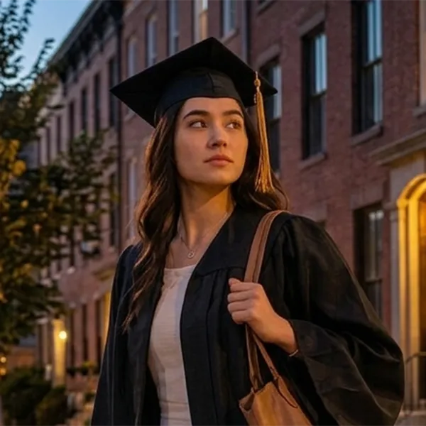 Graduate traveler demonstrating confidence and situational awareness while navigating an unfamiliar environment.