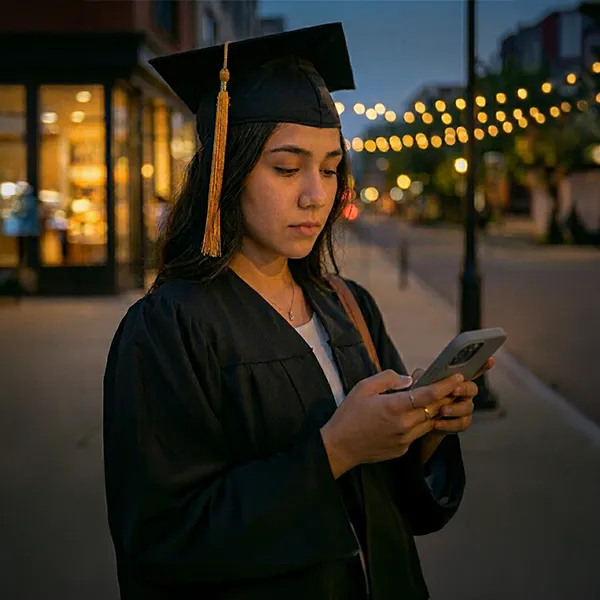 Young woman in graduation gown looking at her phone on city street