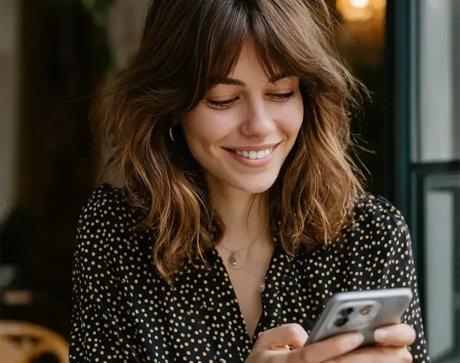 lady looking at her phone smiling