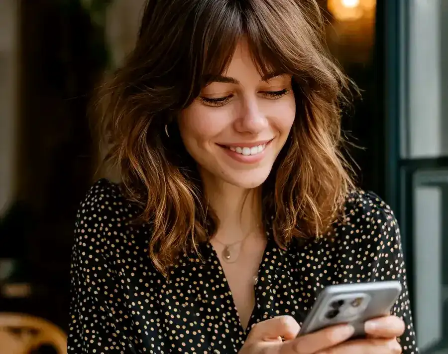Woman looking at the Silent Beacon safety app on her smartphone while reviewing personal safety and emergency communication features.