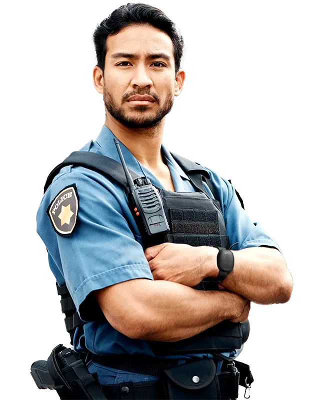 Asian police officer wearing a Silent Beacon panic button while serving in a law enforcement role.
