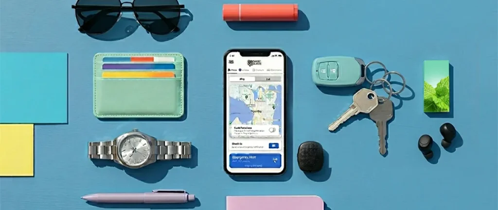 Everyday Carry Items on Flat Surface with Silent Beacon and Phone with Safety App