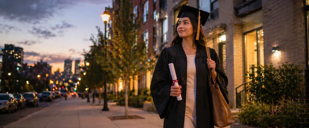 Young woman in graduation gown holding diploma walking on a city sidewalk at dusk