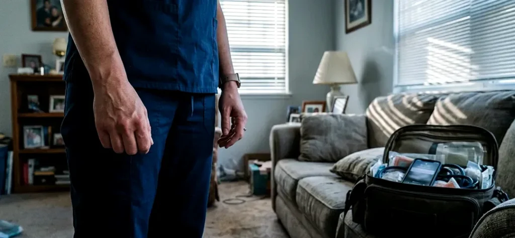 Home health clinician wearing a Silent Beacon panic button while conducting a solo patient visit in a residential setting.