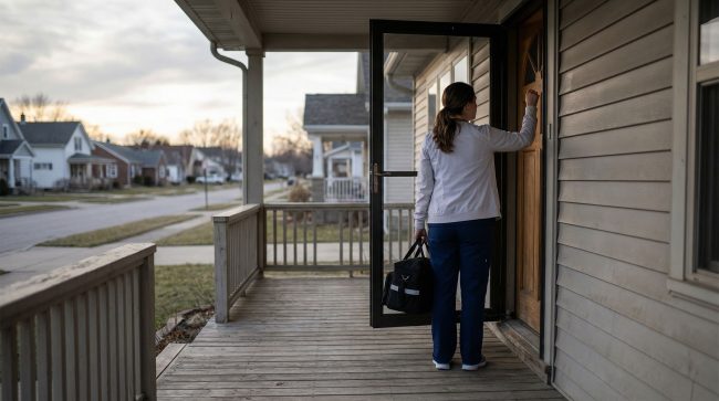 Home health nurse in navy scrubs standing alone on a residential front porch holding a medical supply bag