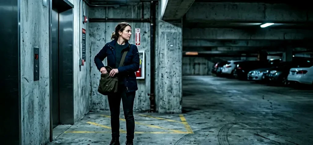 Woman standing near elevator in a parking garage, looking around while holding a bag