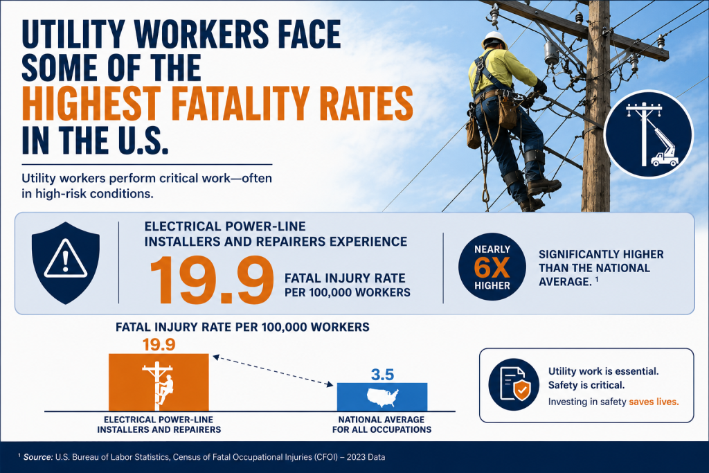 Infographic showing utility worker fatality rates compared to the U.S. national average.