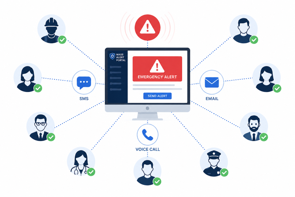 Mass alert notification system dashboard sending emergency alerts through SMS, email, and voice calls to multiple recipients including healthcare workers, security personnel, and staff.