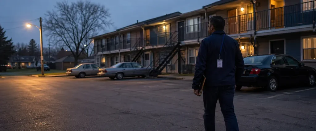 Behavioral health responder at apartment complex at dusk