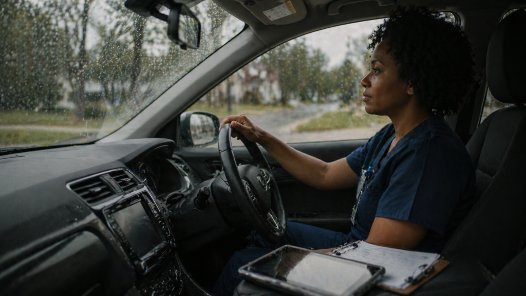 Home health nurse sitting in a car during a rainy day before a patient visit.