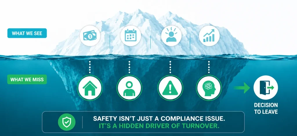 Iceberg infographic showing hidden safety factors driving home health turnover.