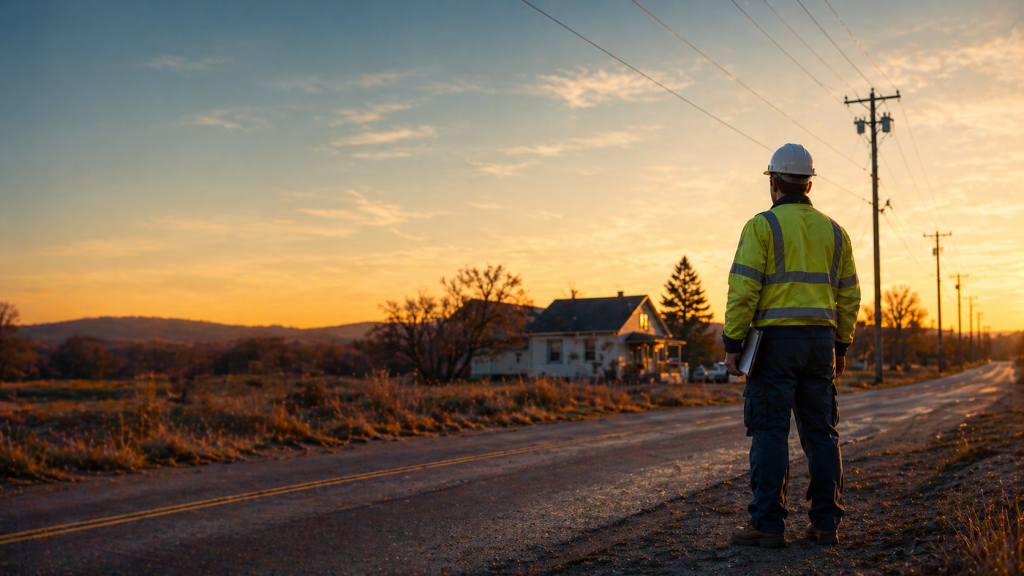 Utility technician working alone near a rural roadway at sunset while performing field service and infrastructure maintenance duties.