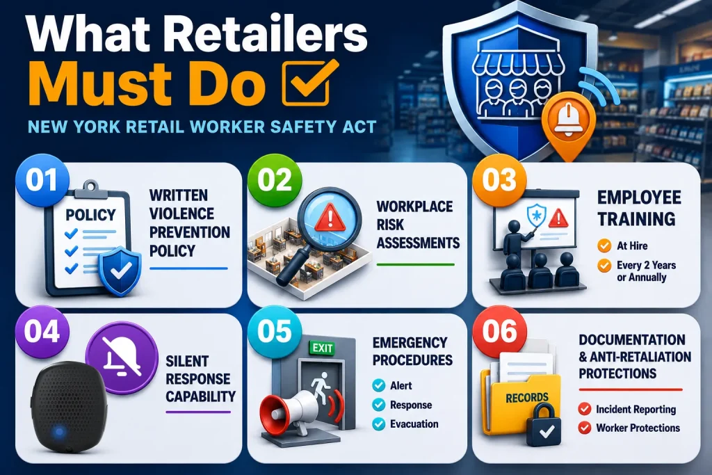 Infographic checklist showing what retailers must do to comply with the New York Retail Worker Safety Act, including workplace violence policies, employee training, risk assessments, silent response capabilities, emergency procedures, and anti-retaliation protections.