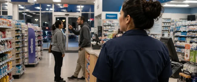 Pharmacy employee watches a tense customer interaction near the checkout counter in a retail store.
