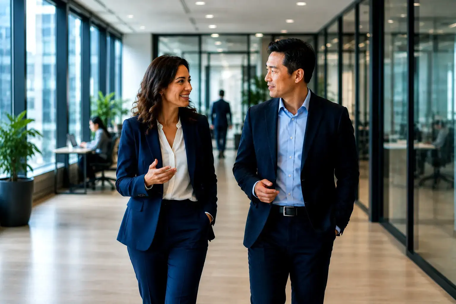 Two business professionals walking and talking in a modern office corridor with glass-walled workspaces.