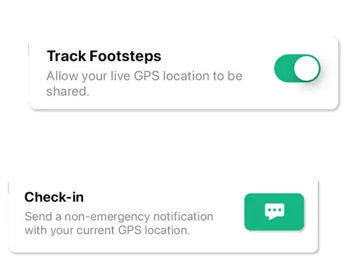 Silent Beacon app features showing GPS location sharing and check-in tools, allowing users to track their location and send non-emergency status updates to designated contacts.