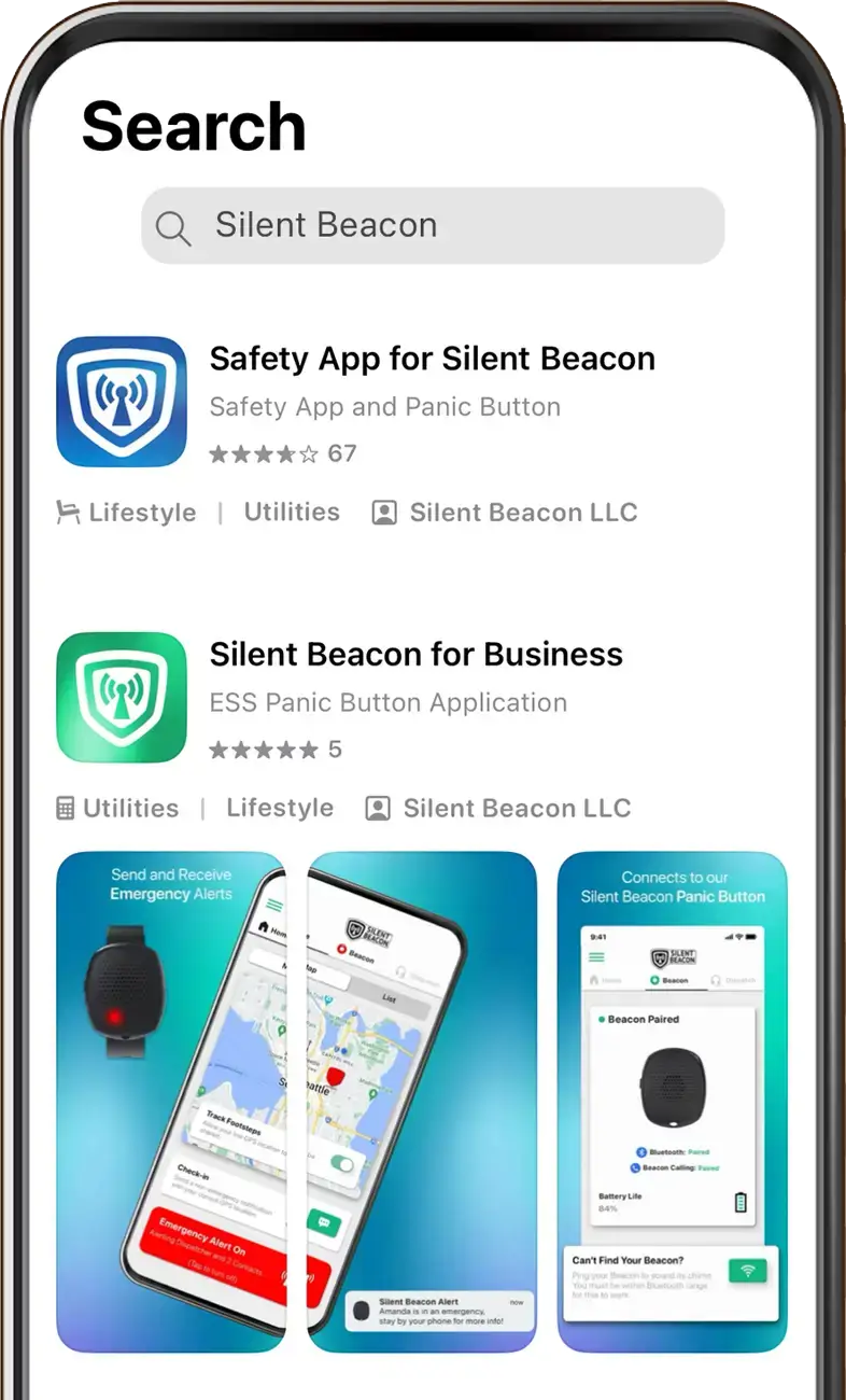 Smartphone displaying the Silent Beacon safety app with options to download and access emergency communication features.