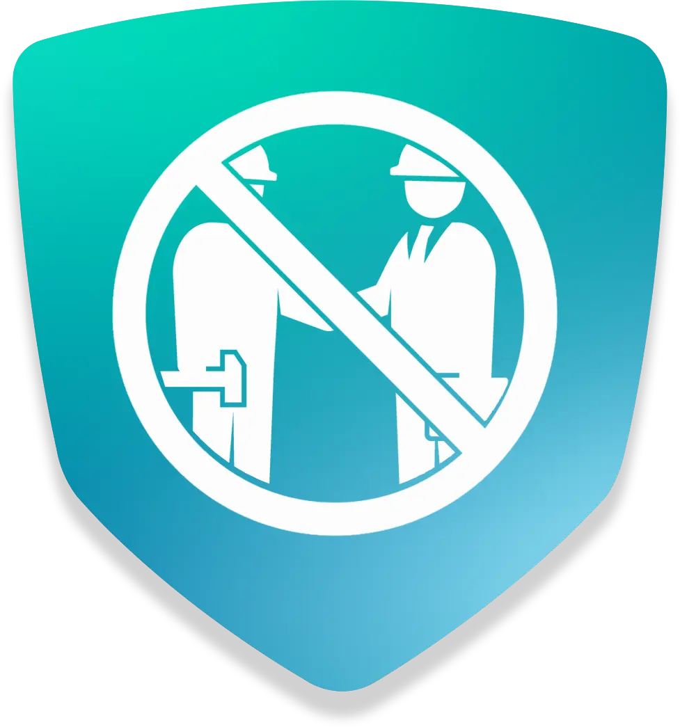 Safety shield icon featuring a crossed-out silhouette of a worker near industrial equipment, symbolizing hazard prevention and workplace safety.
