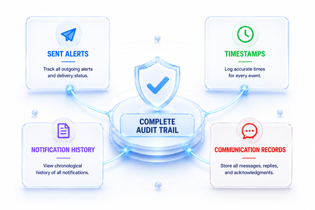 Emergency notification tracking dashboard showing sent alerts, timestamps, notification history, and communication records connected through a centralized monitoring system.
