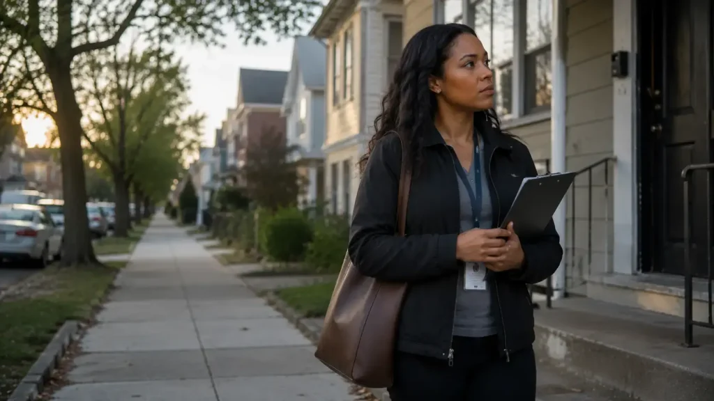 Healthcare worker with long hair standing outside a residential home holding a clipboard.