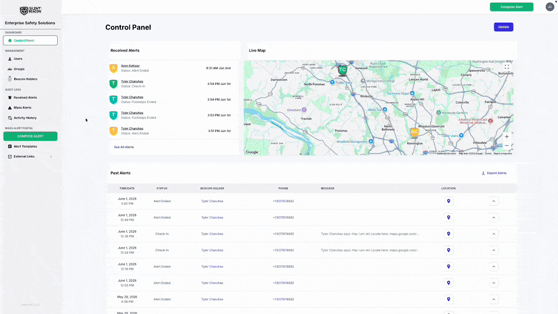 Mass Alert Portal dashboard displaying live alert monitoring, user locations on an interactive map, received alerts, activity history, and emergency communication management tools.