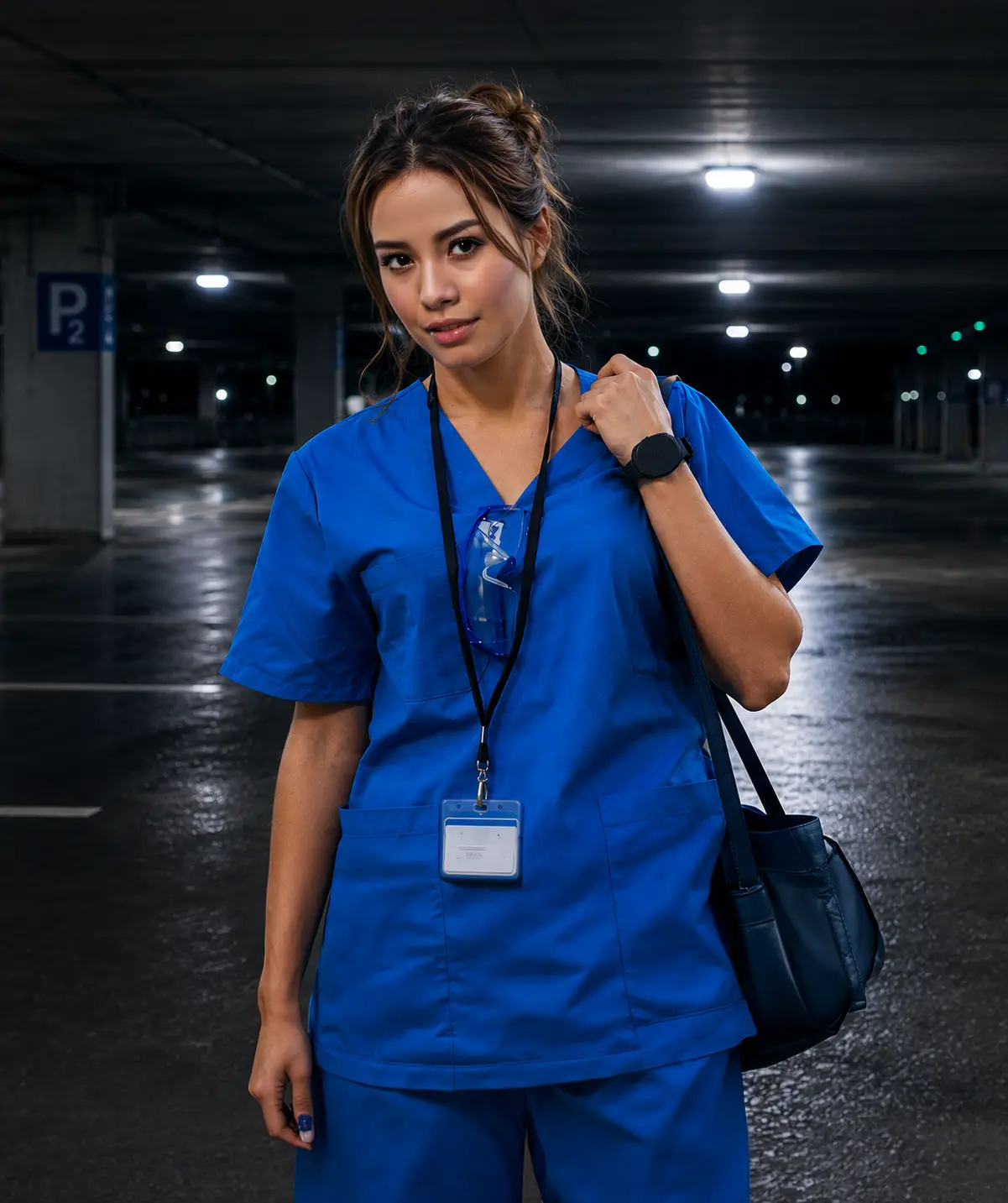 Nurse walking through a healthcare parking lot at night while wearing a panic button to support staff safety and emergency preparedness.