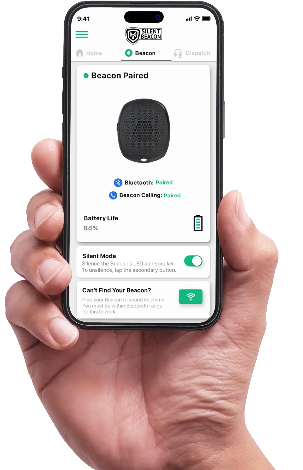 Person holding a smartphone displaying the Silent Beacon mobile app connected to a personal safety beacon, showing device status, battery life, Bluetooth pairing, and emergency readiness features.