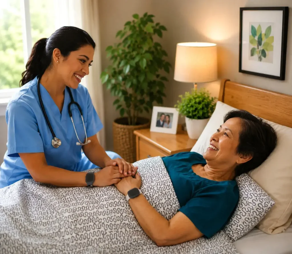 Nurse in blue scrubs holds the hand of a smiling woman resting in bed; both wear wrist panic buttons
