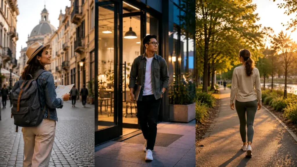 Three people walking alone in a city, outside a coworking space, and on a park path