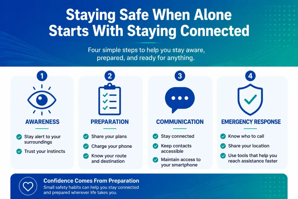 Infographic showing four safety steps: awareness, preparation, communication, and emergency response