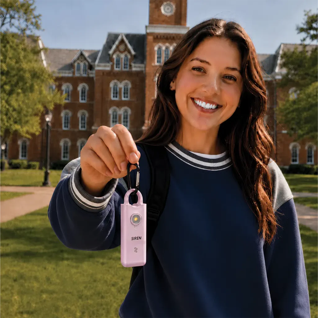 Smiling college student holding a pink Silent Beacon Siren personal safety alarm outside a university building.