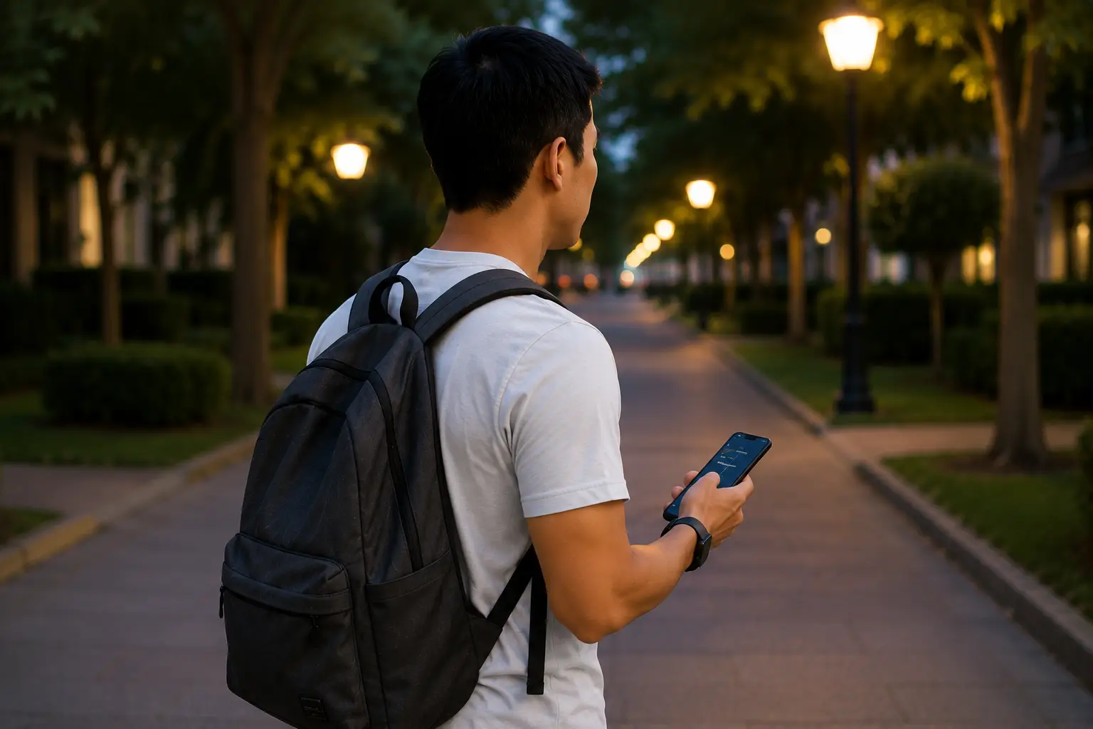 Young Asian man walking home at dusk with a backpack while checking his phone on a well-lit street as part of a personal safety routine.