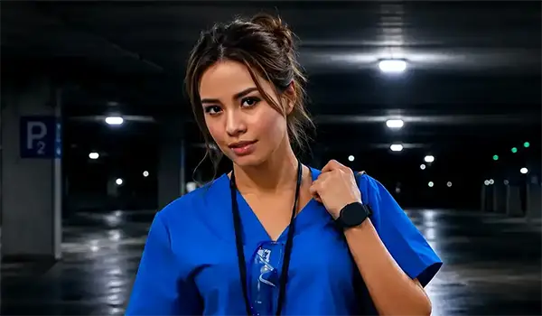 Nurse walking through a healthcare parking lot at night while wearing a panic button to support staff safety and emergency preparedness.