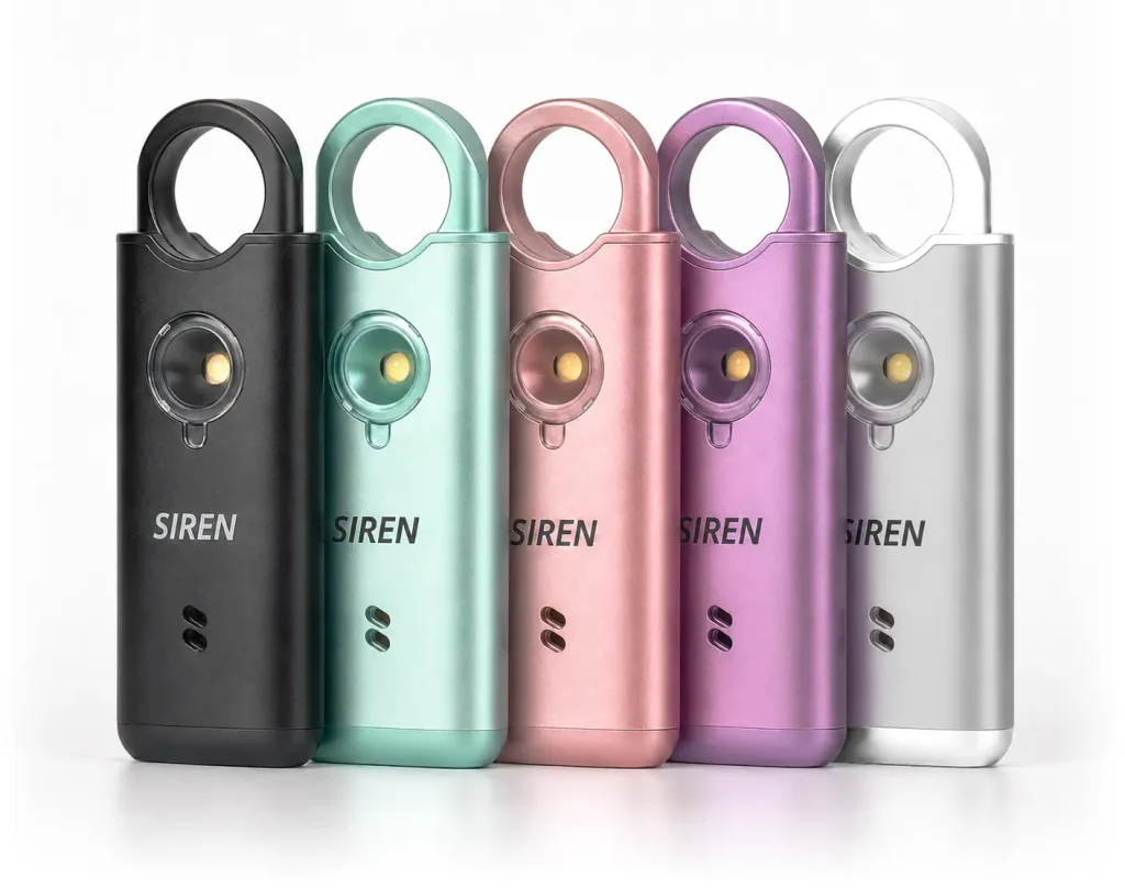 Lineup of Silent Beacon Siren personal safety alarms shown in black, mint green, pink, purple, and white color options.