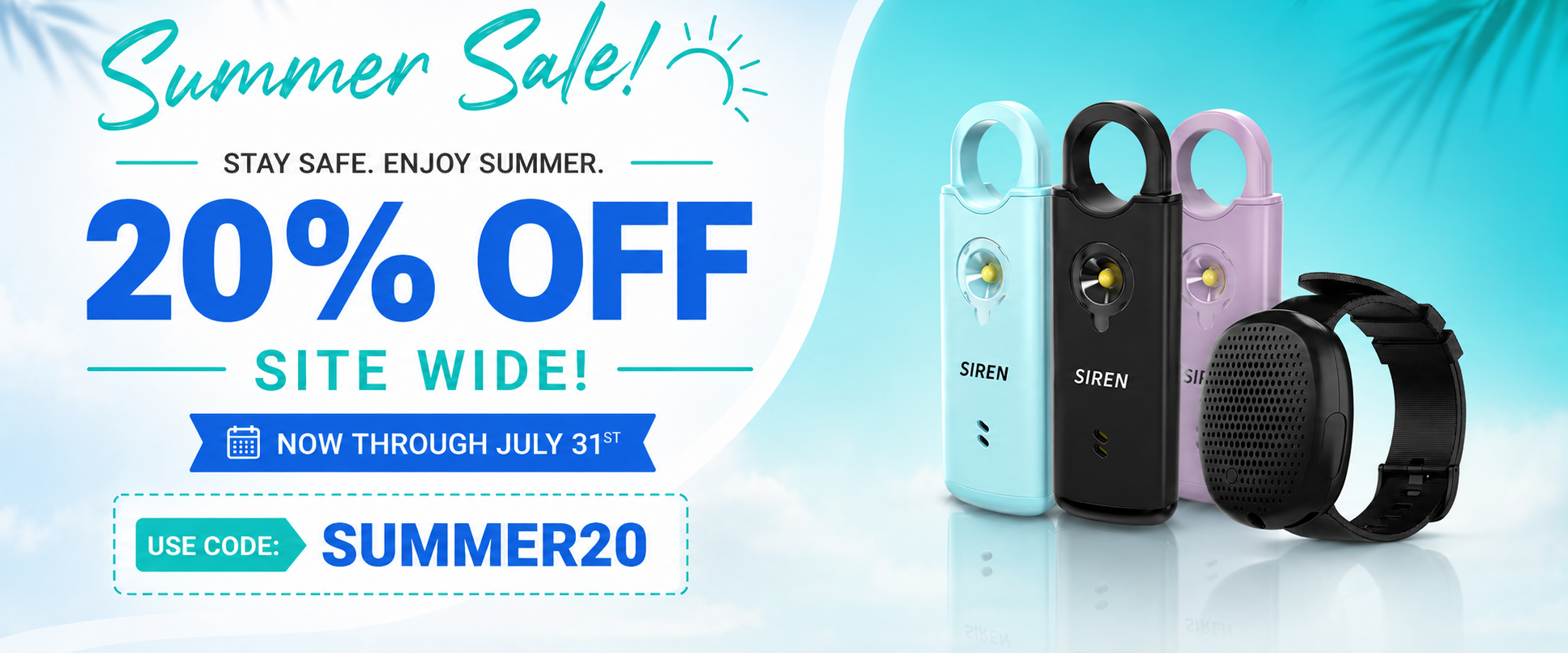 Silent Beacon summer sale banner featuring Siren personal safety alarms and the Silent Beacon 2.0 wearable panic button with 20% off sitewide using code SUMMER20 through July 31.
