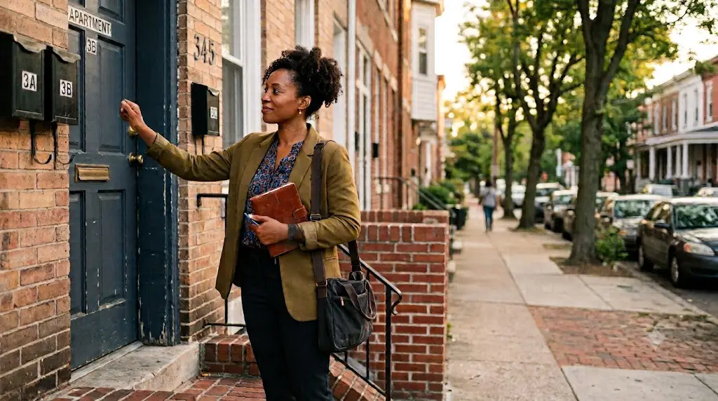A social worker wearing a Silent Beacon Panic Button knocks on a client's door during a lone home visit, providing a greater sense of safety while working independently in a residential neighborhood.