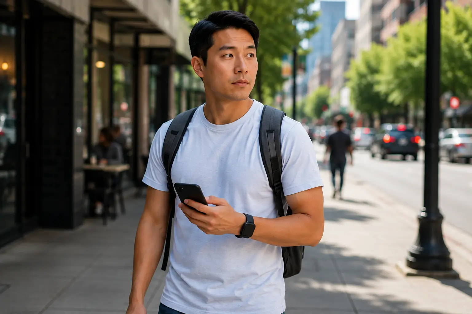Young Asian man walking through a downtown area while holding his phone and staying aware of his surroundings during a summer outing.