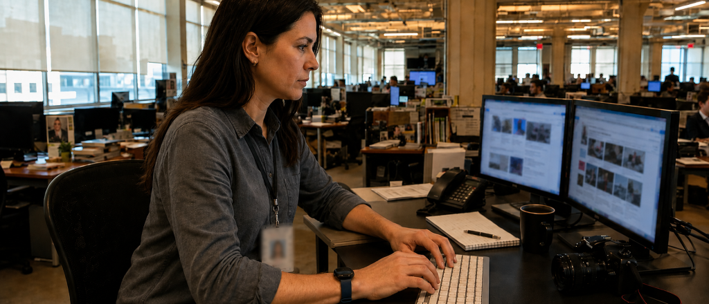 Newsroom reporter working at his desk while wearing a Silent Beacon personal safety device on his wrist