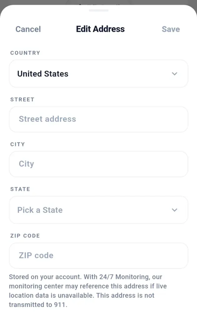 Silent Beacon app address screen for adding a country, street address, city, state, and ZIP code to a user profile