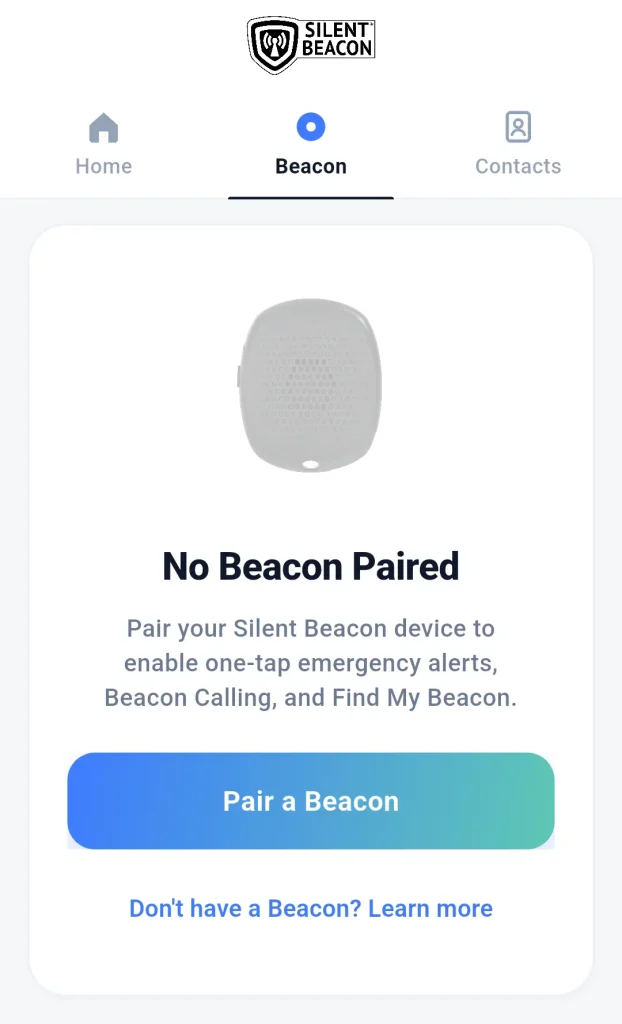 Silent Beacon app screen showing no Beacon paired with an option to pair a Silent Beacon device