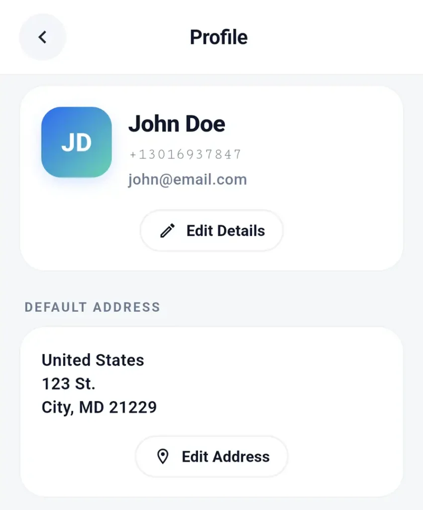 Silent Beacon app Profile screen showing a saved default address and back button