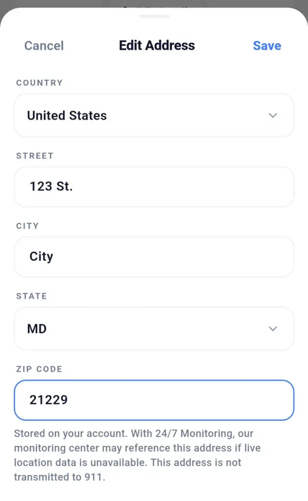 Silent Beacon app Edit Address screen with completed address information and Save button