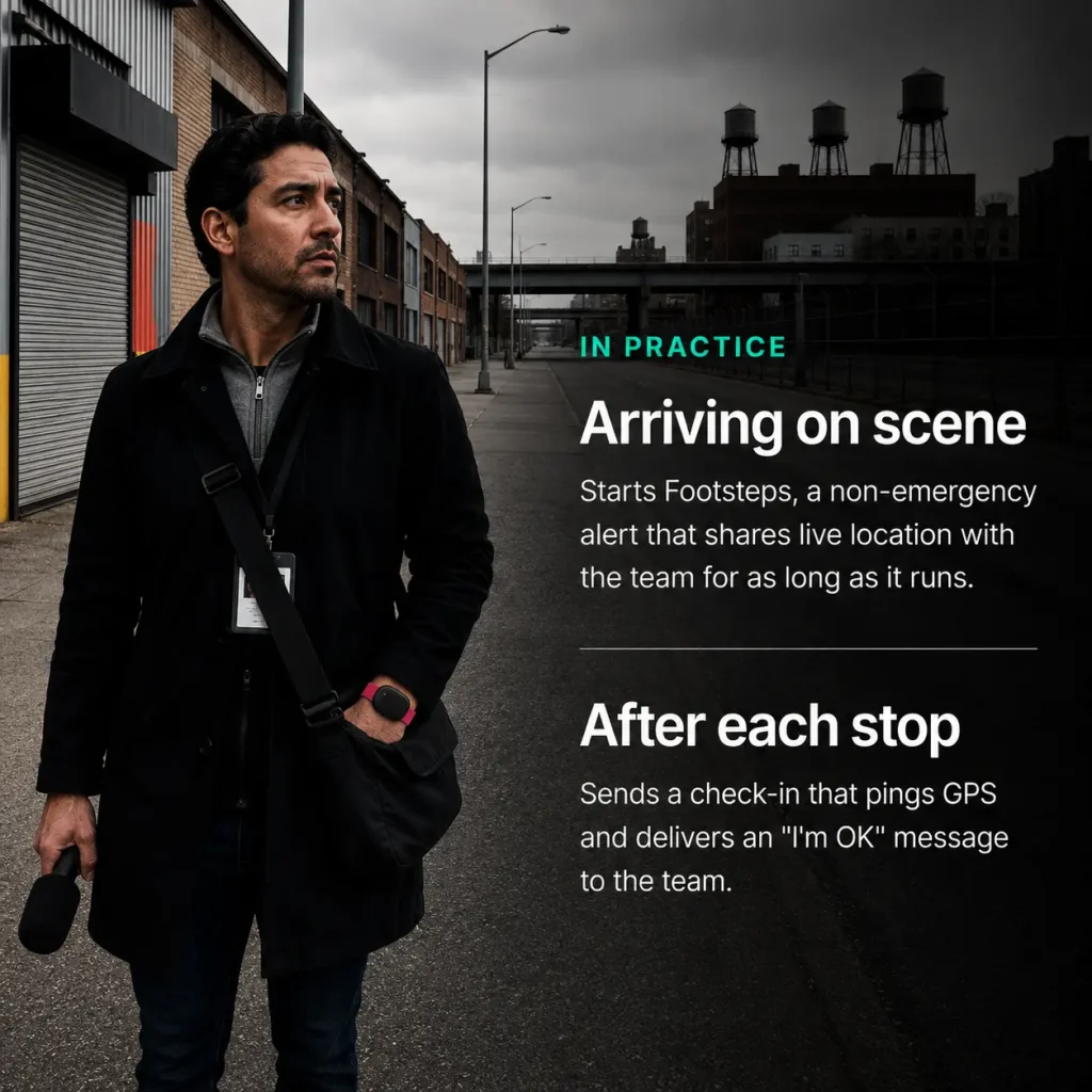 Female field reporter using Silent Beacon Footsteps to share her live location and send safety check-ins while working alone.