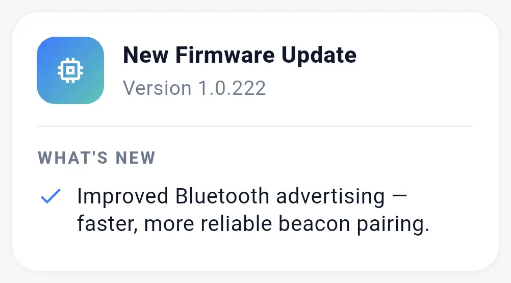 Silent Beacon app showing a new firmware update for the Beacon device with improved Bluetooth pairing