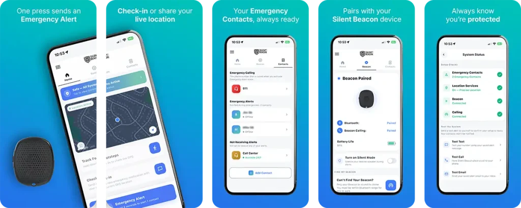 New Silent Beacon Safety App showing Emergency Alerts, Check-In, live GPS location sharing, emergency contacts, Beacon pairing, and system status