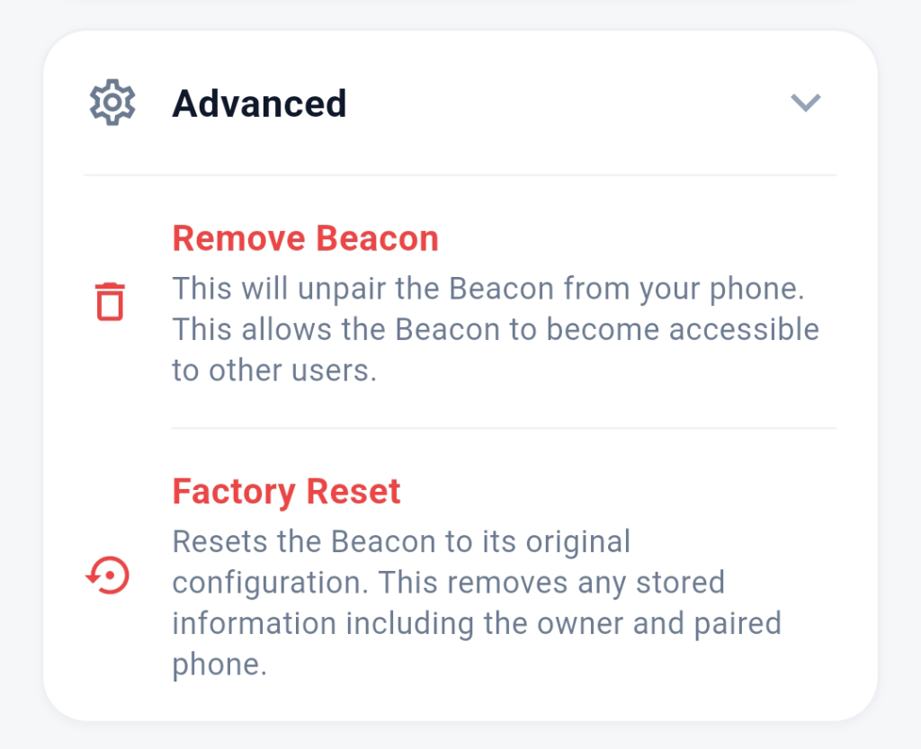 Silent Beacon Safety App advanced Beacon settings with options to remove the paired device or perform a factory reset