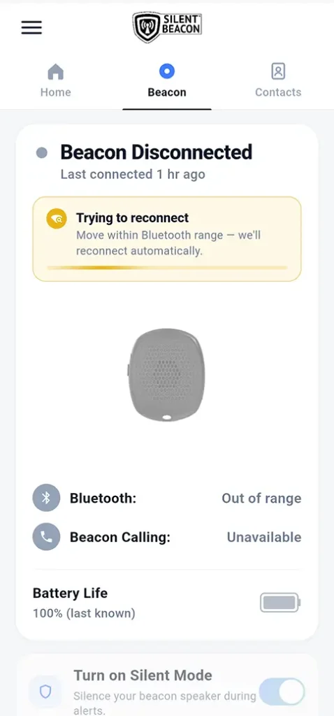 Silent Beacon Safety App showing a disconnected Beacon and Bluetooth reconnection status