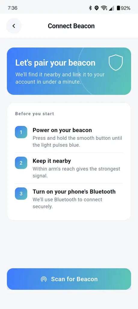 Silent Beacon Safety App instructions for powering on, positioning, and connecting a Beacon by Bluetooth