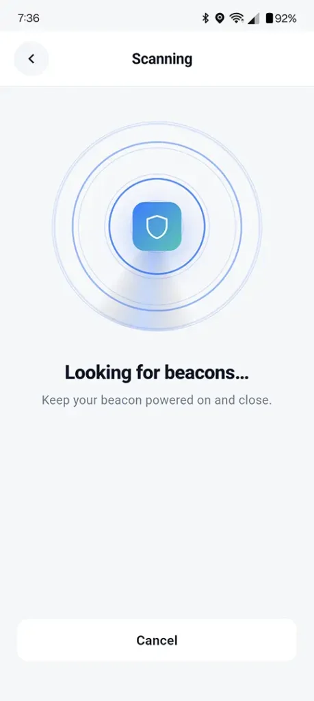 Silent Beacon Safety App scanning for a nearby Beacon device during pairing