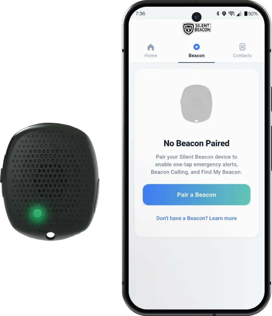 Silent Beacon Panic Button next to the Safety App screen for pairing a Beacon device